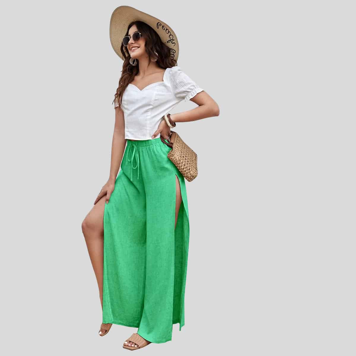 Parakeet Tie Waist Split Thigh Wide Leg Pants-RCP001