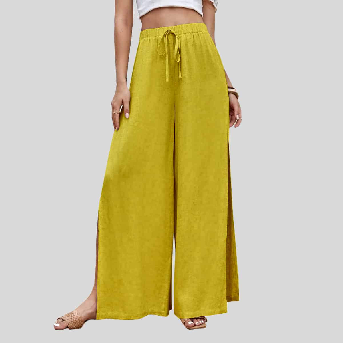 Yellow Tie Waist Split Thigh Wide Leg Pants-RCP002