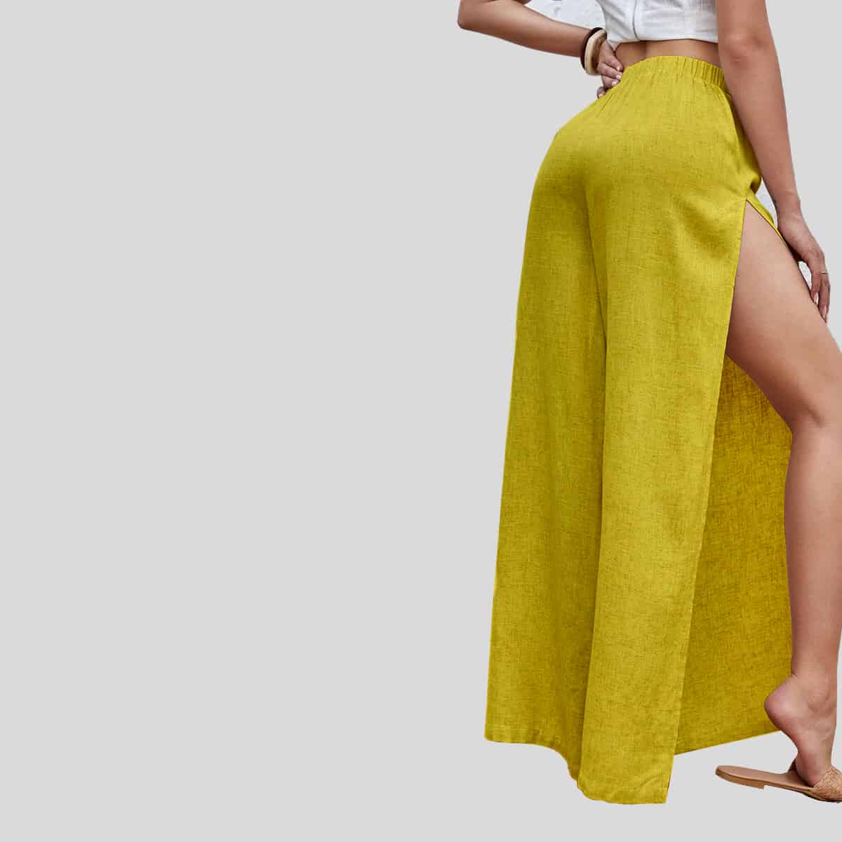 Yellow Tie Waist Split Thigh Wide Leg Pants-RCP002