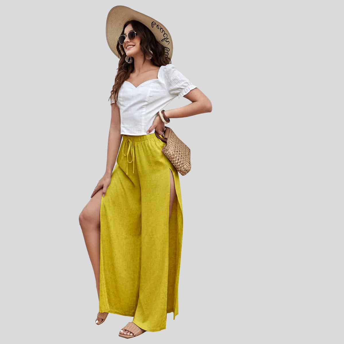 Yellow Tie Waist Split Thigh Wide Leg Pants-RCP002