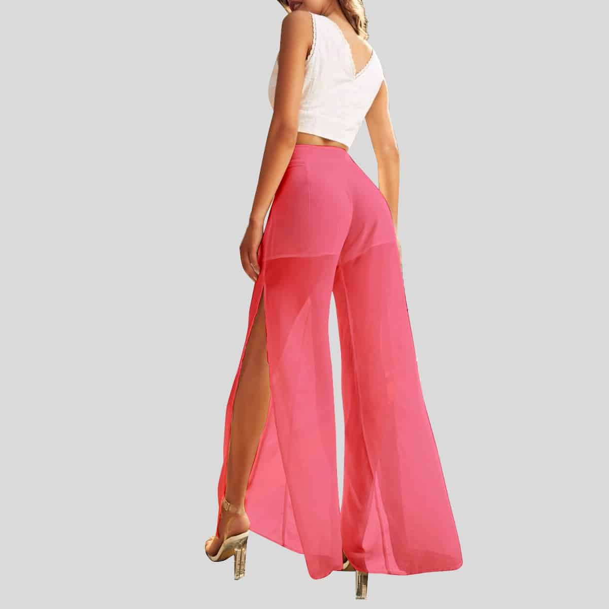 Punch Pink High Waist Split Thigh Wide Leg Pants-REP002