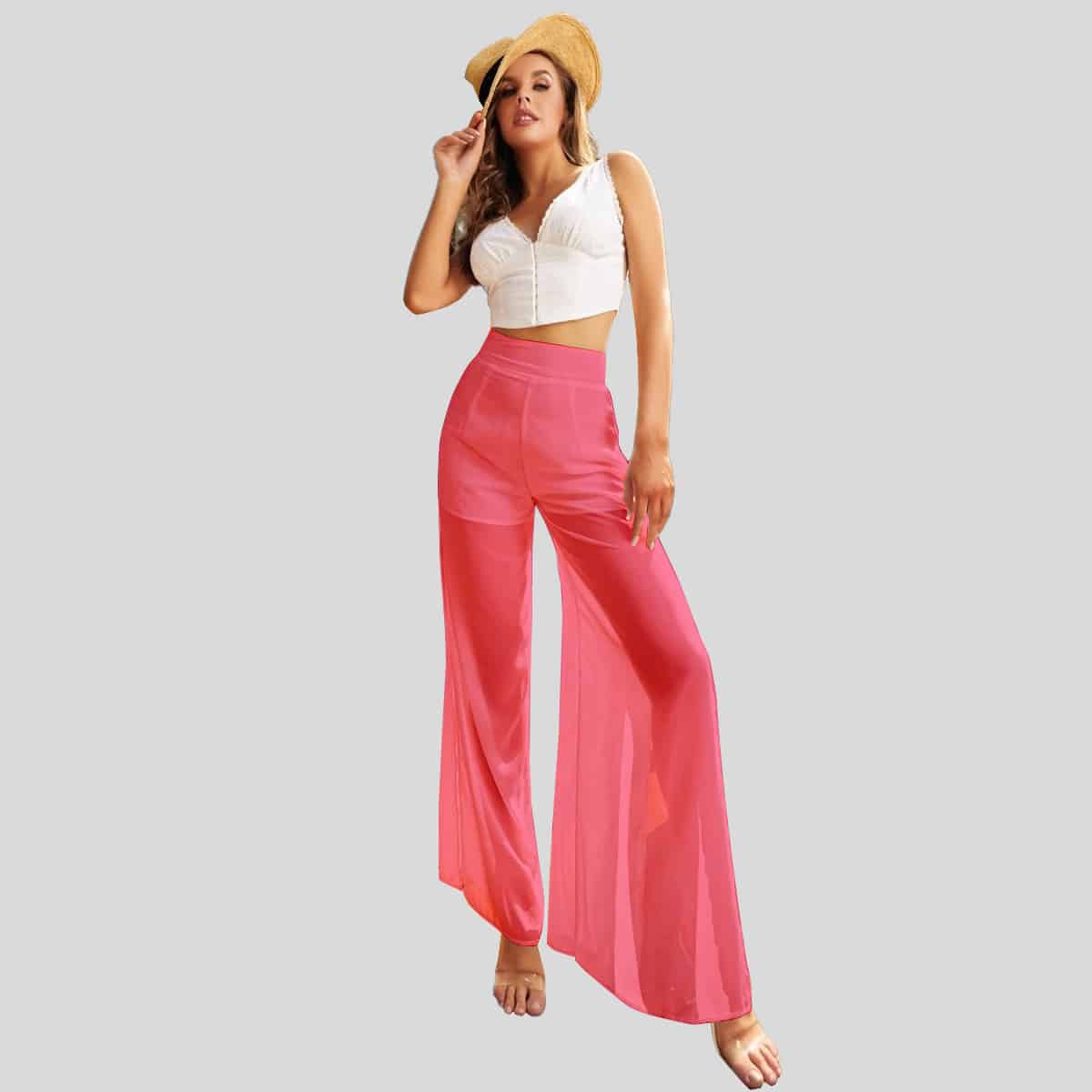Punch Pink High Waist Split Thigh Wide Leg Pants-REP002