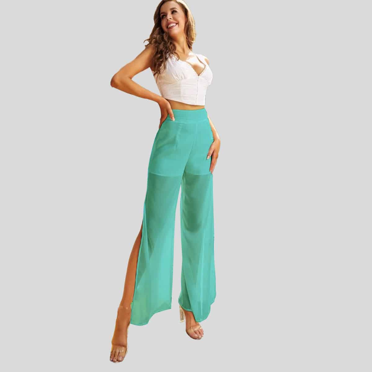 Artic Blue High Waist Split Thigh Wide Leg Pants-REP001