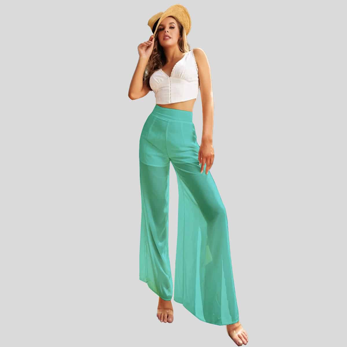 Artic Blue High Waist Split Thigh Wide Leg Pants-REP001