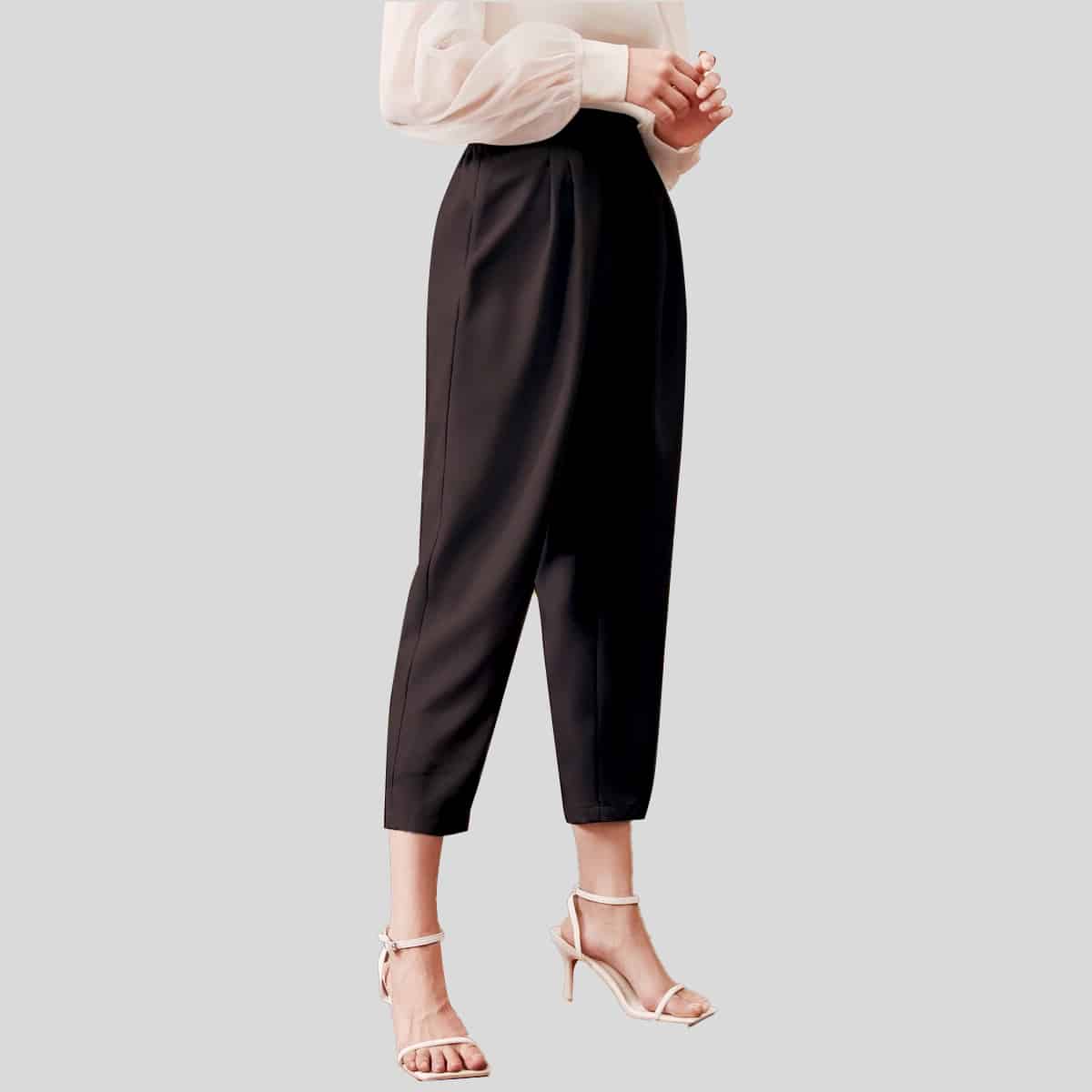 Black Elastic Waist Tape Detail Fold Pleated Cropped Pants-RCP003