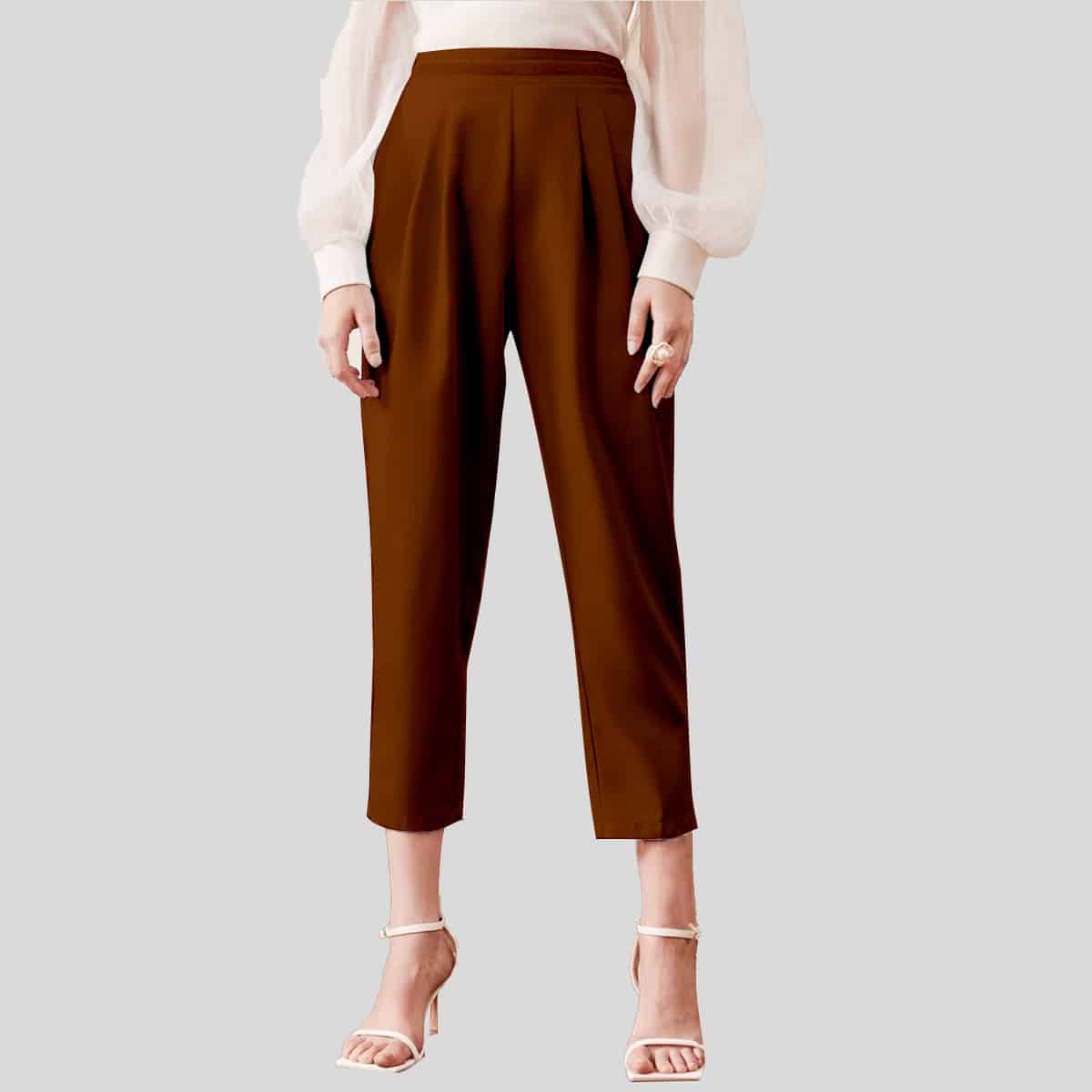 Ginger Bread Color Elastic Waist Tape Detail Fold Pleated Cropped Pants-RCP004