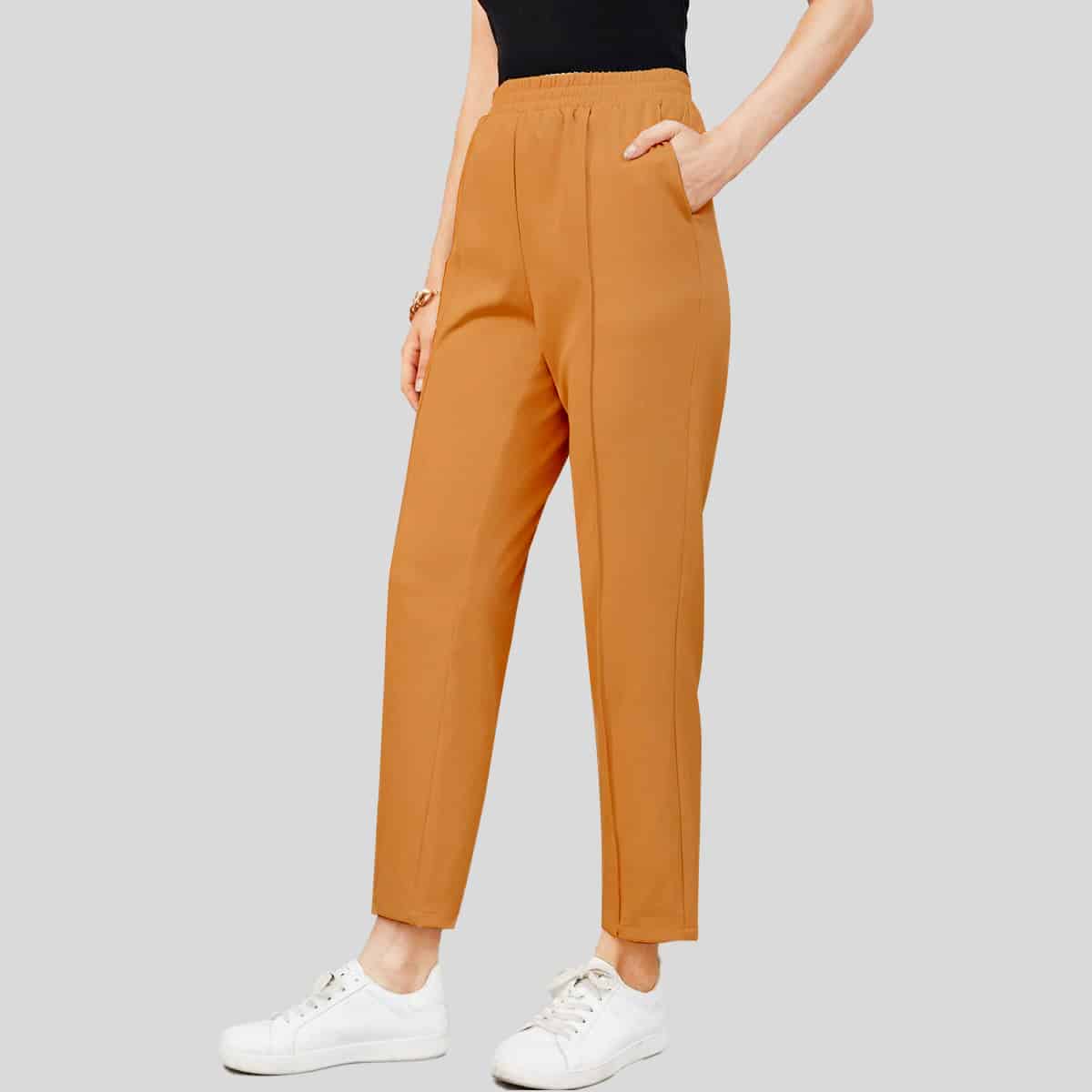 Sandstone Color Elastic Waist Seam Front Tapered Pants-RCP007