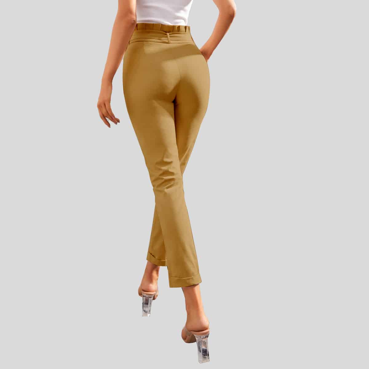 Tortilla Color Paper bag Waist Split Hem Belted Pants-RCP010