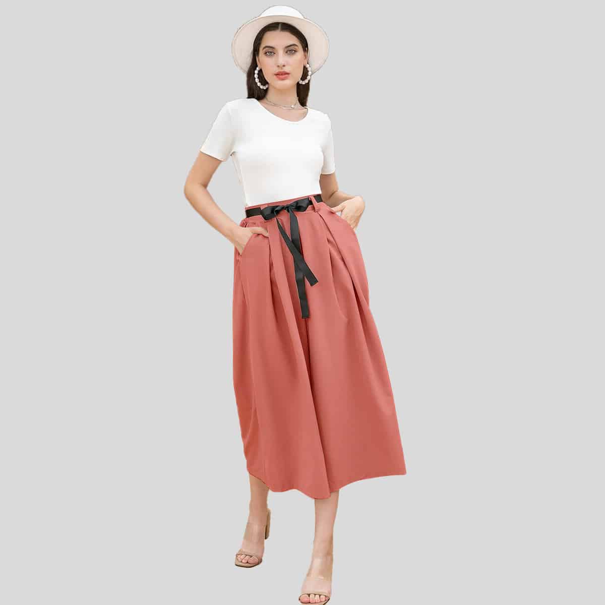 Pink High Waist Slant Pockets Plicate Belted Pants-RCP013