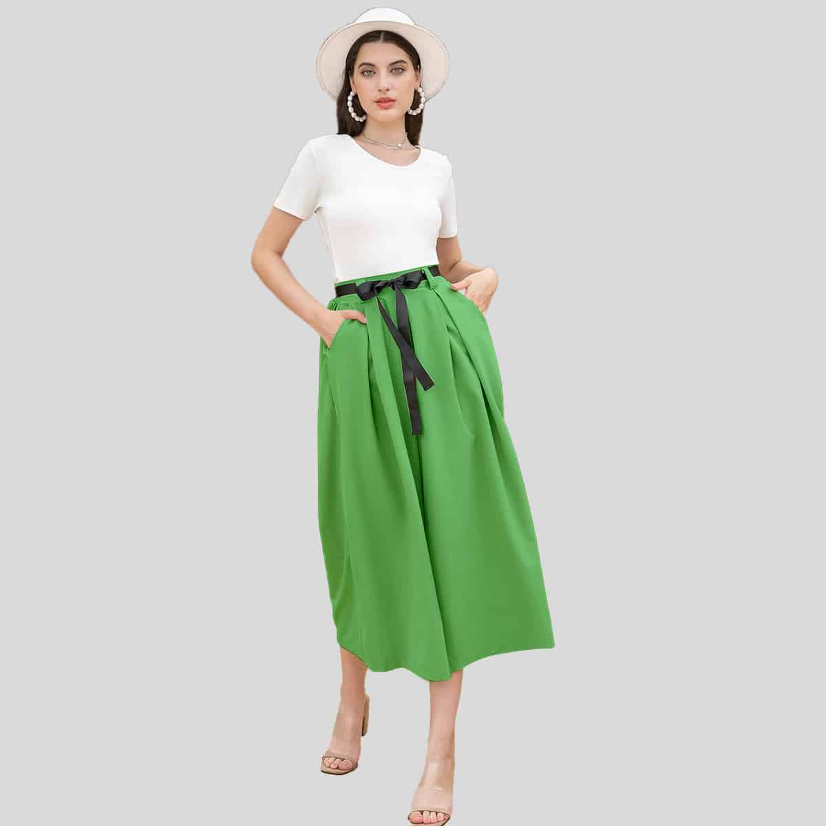 Green High Waist Slant Pockets Plicate Belted Pants-RCP014