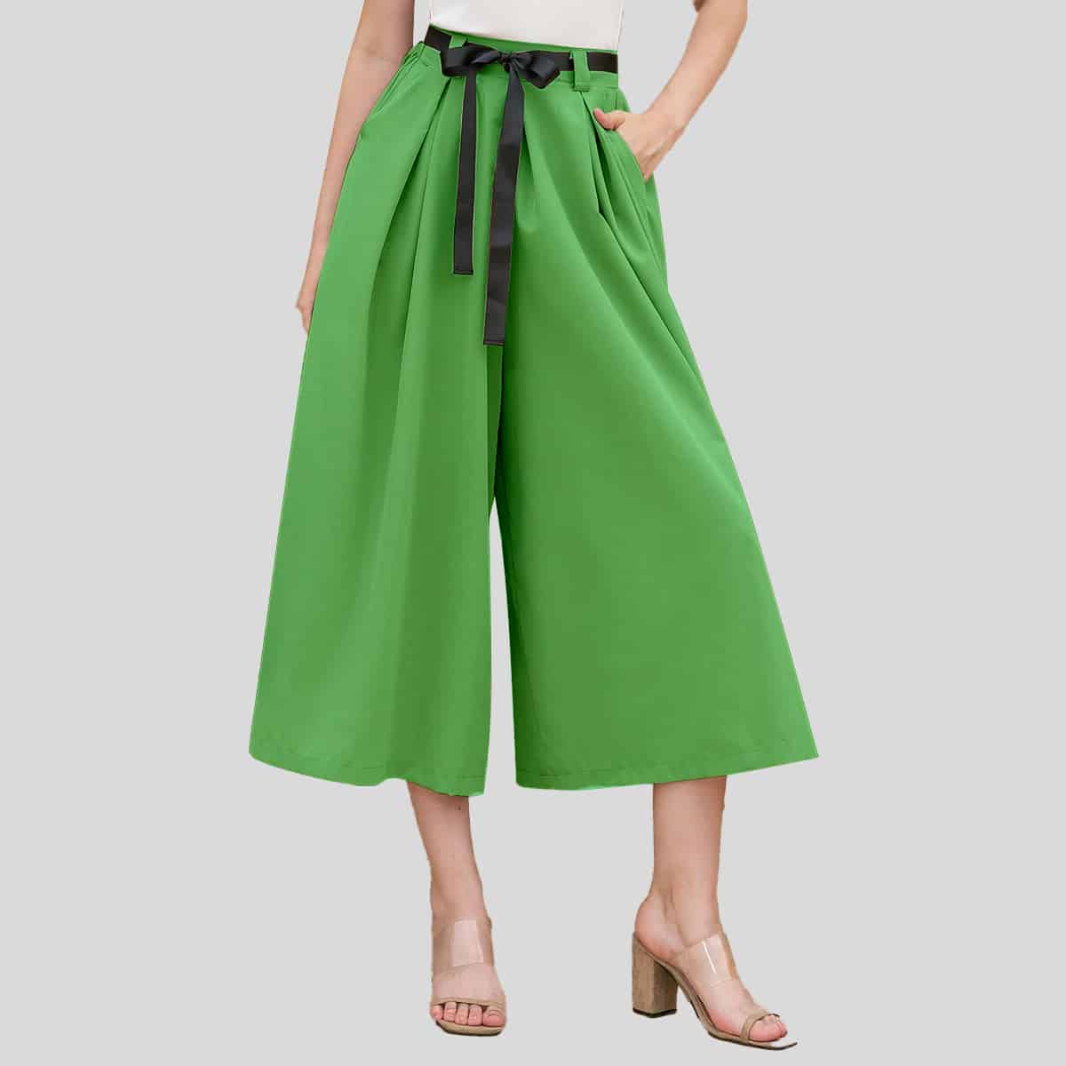 Green High Waist Slant Pockets Plicate Belted Pants-RCP014