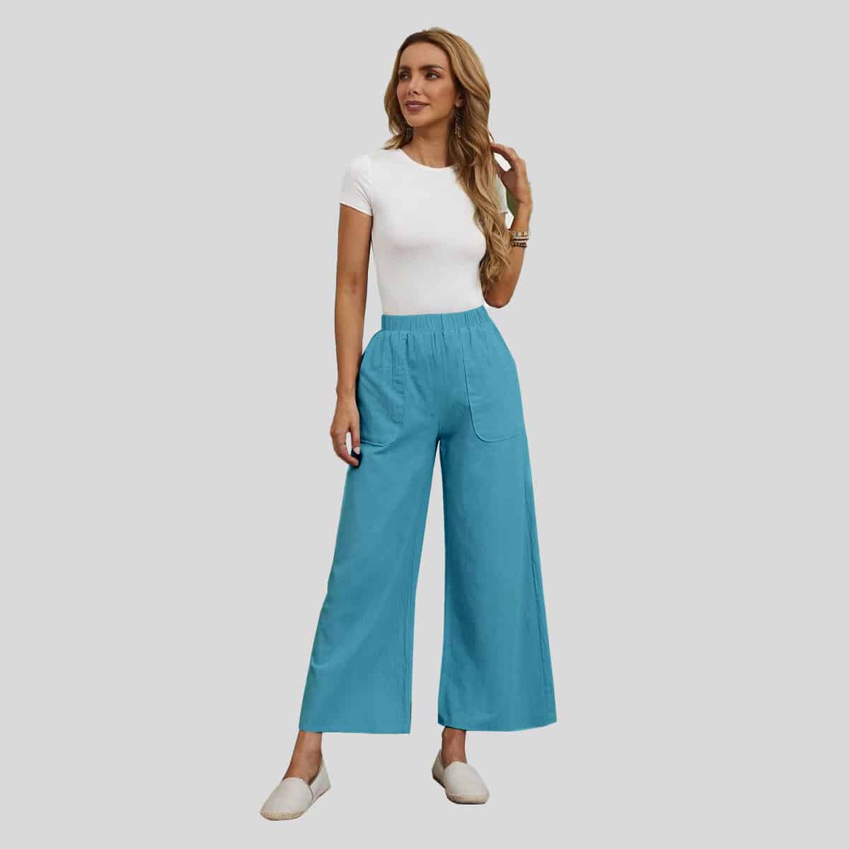 Sky Blue Slant Pockets Wide Leg Pants-RCP015