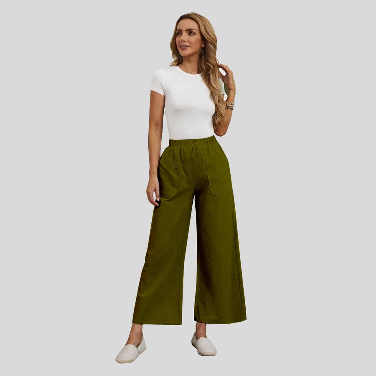 Fern Green Slant Pockets Wide Leg Pants-RCP016