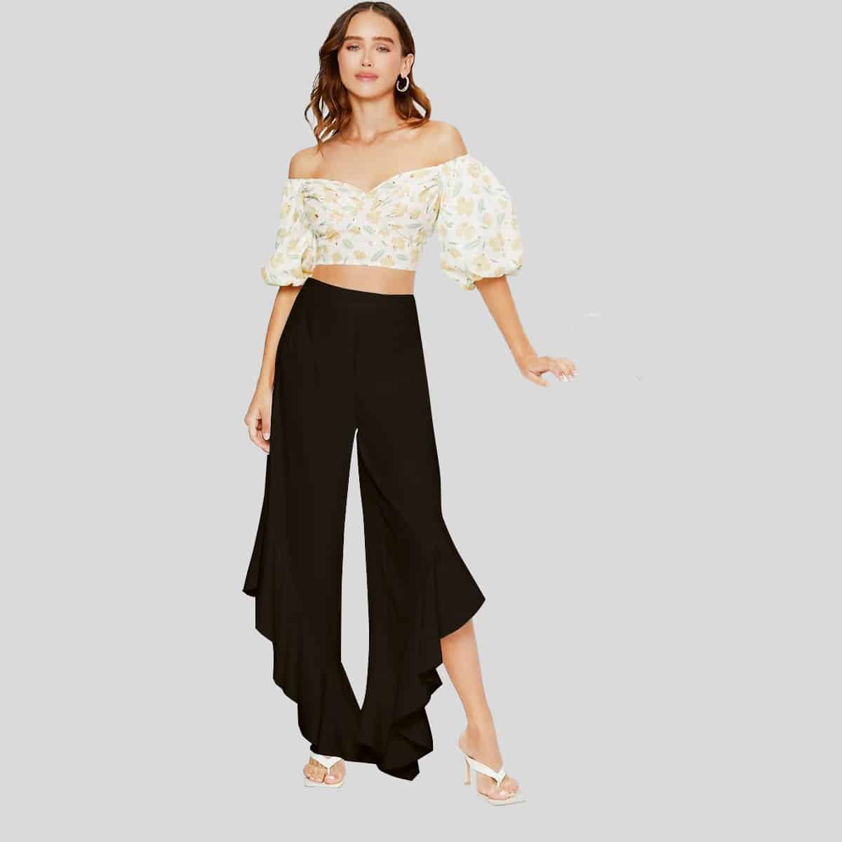 Black Ruffle Asymmetrical Hem Wide Leg Pants-RCP017