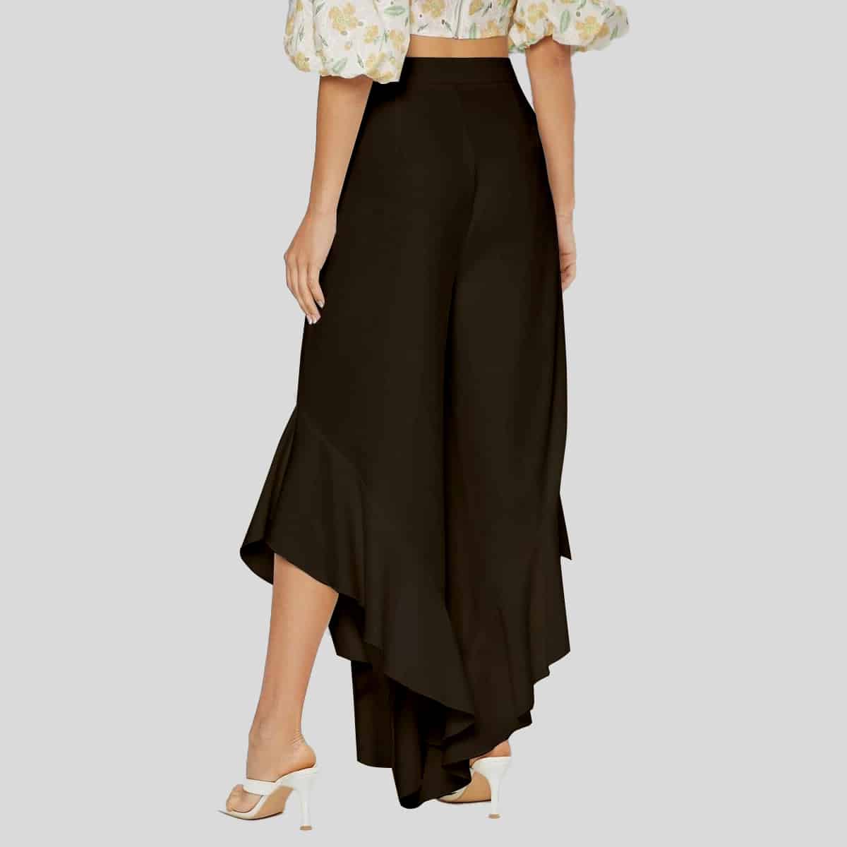 Black Ruffle Asymmetrical Hem Wide Leg Pants-RCP017