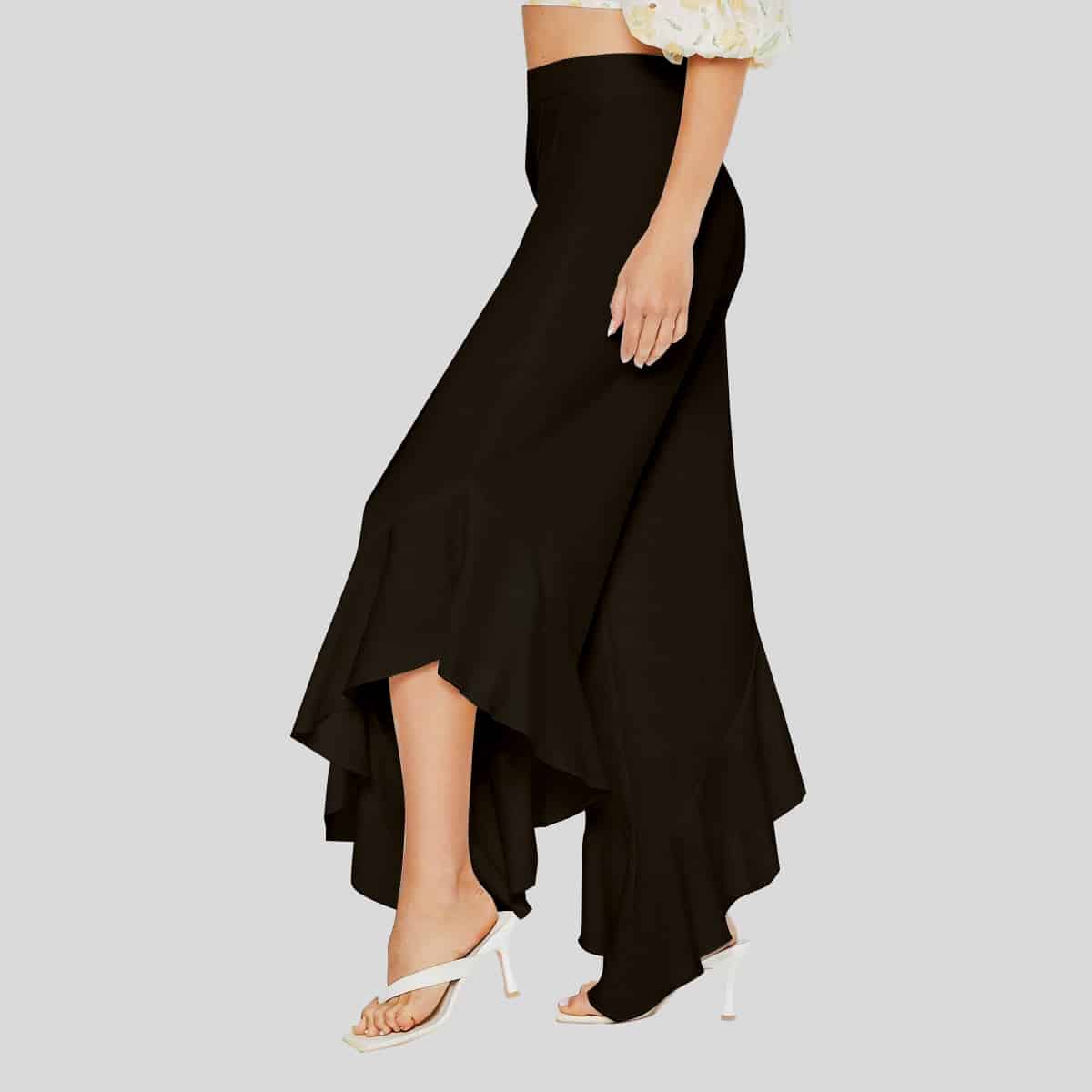 Black Ruffle Asymmetrical Hem Wide Leg Pants-RCP017