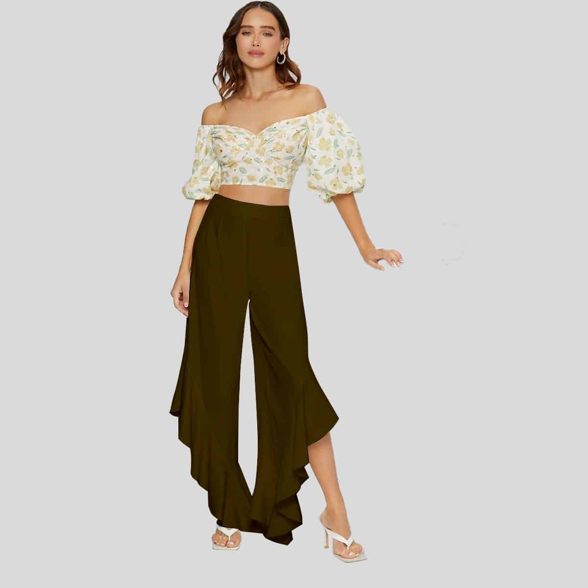 Dark Brown Ruffle Asymmetrical Hem Wide Leg Pants-RCP018