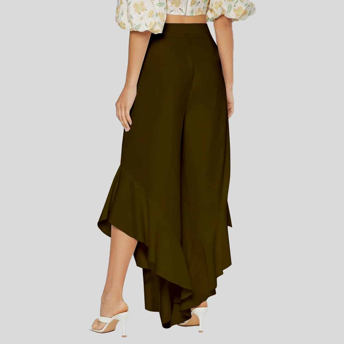 Dark Brown Ruffle Asymmetrical Hem Wide Leg Pants-RCP018