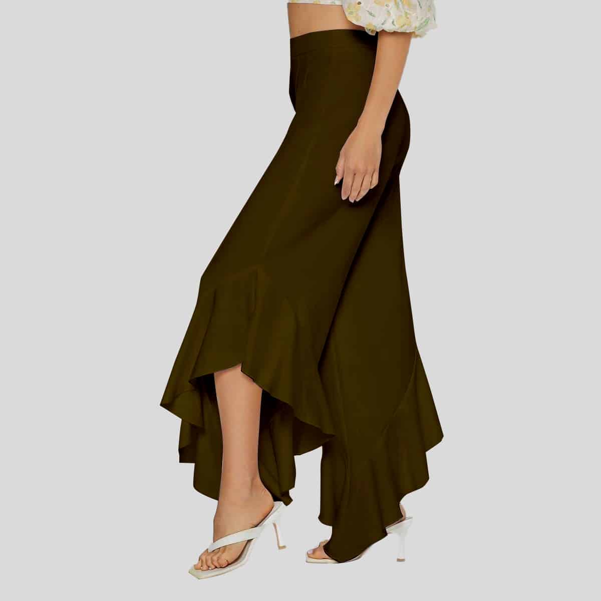 Dark Brown Ruffle Asymmetrical Hem Wide Leg Pants-RCP018