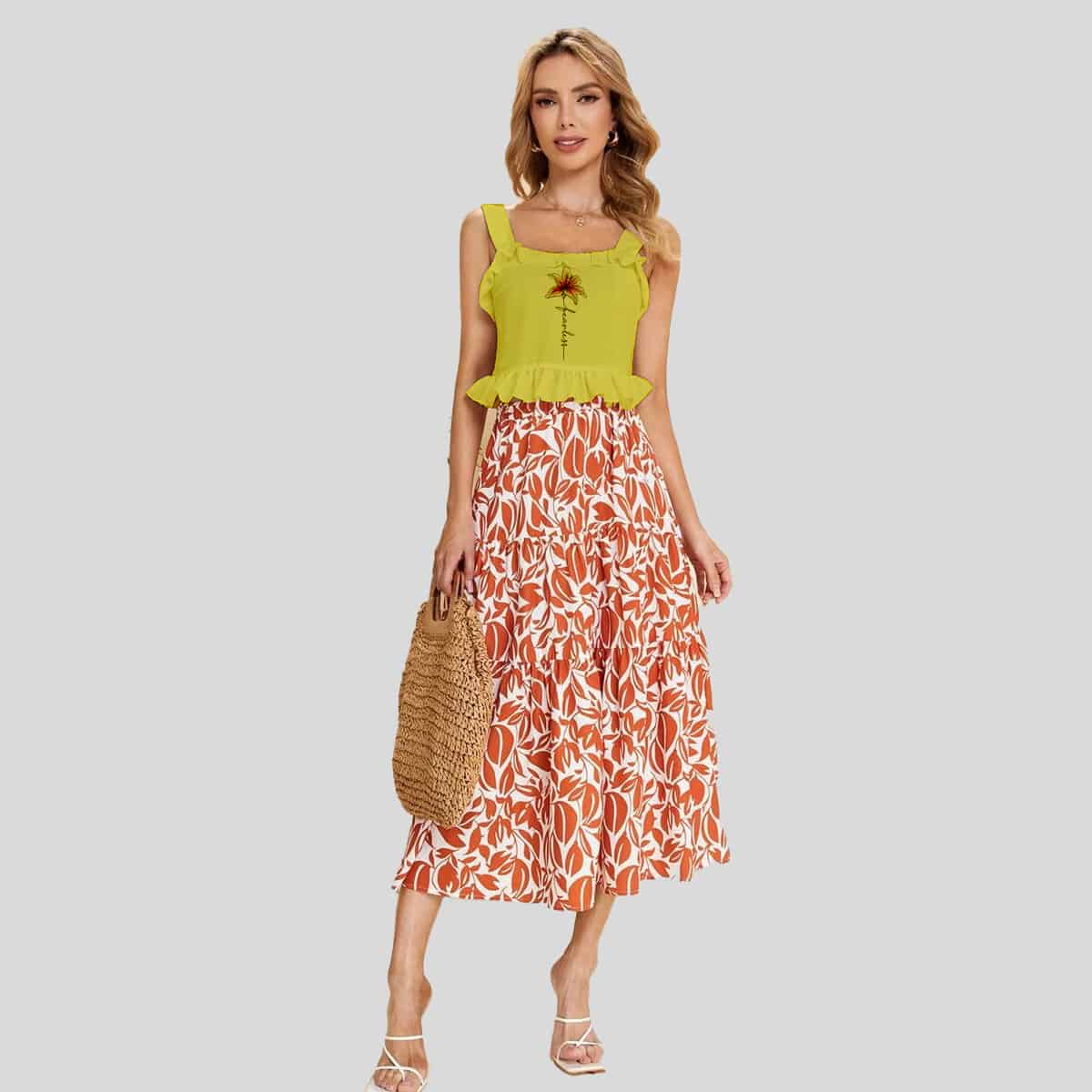 Yellow Frill Trim Ruffle Hem Tank Top-RCT058