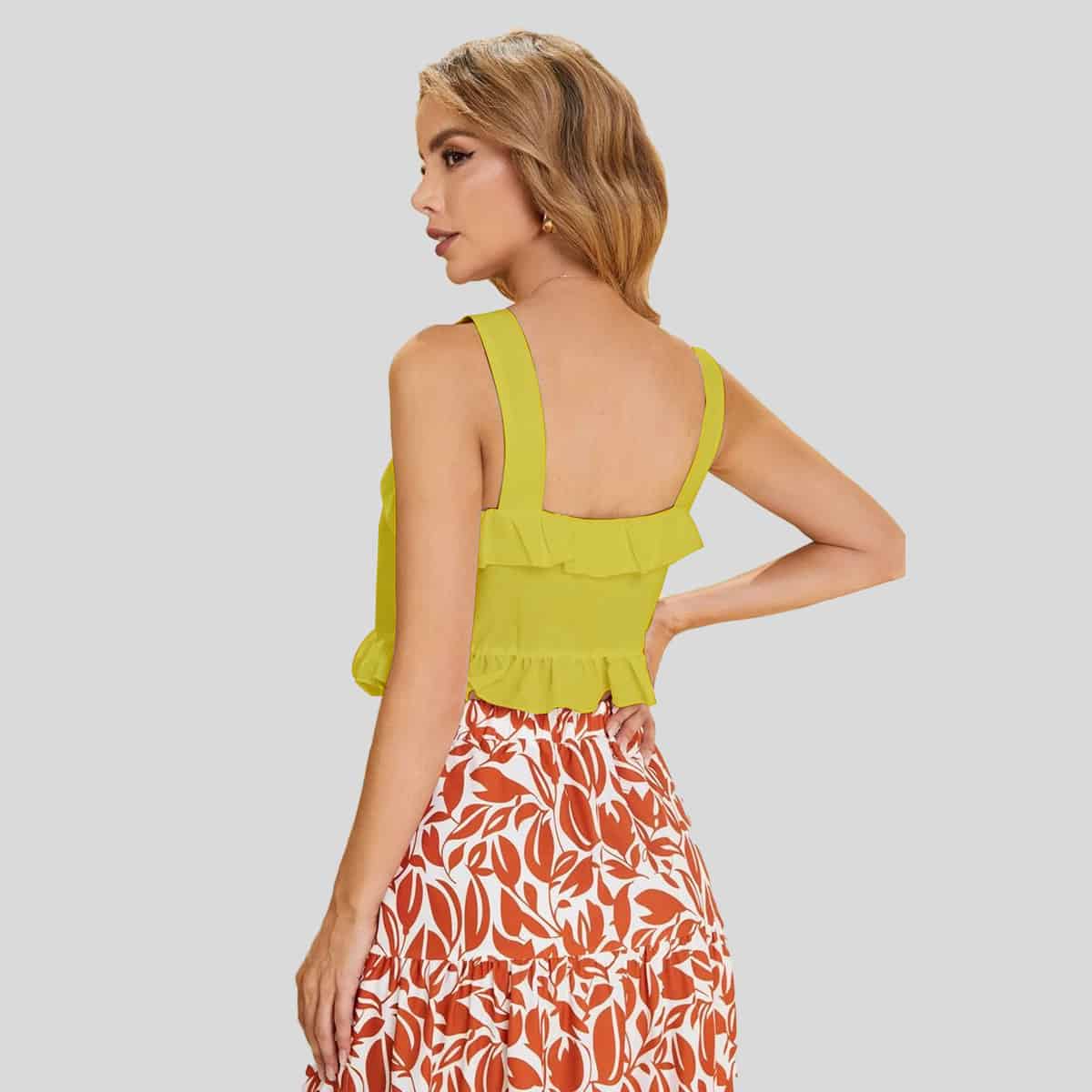 Yellow Frill Trim Ruffle Hem Tank Top-RCT058
