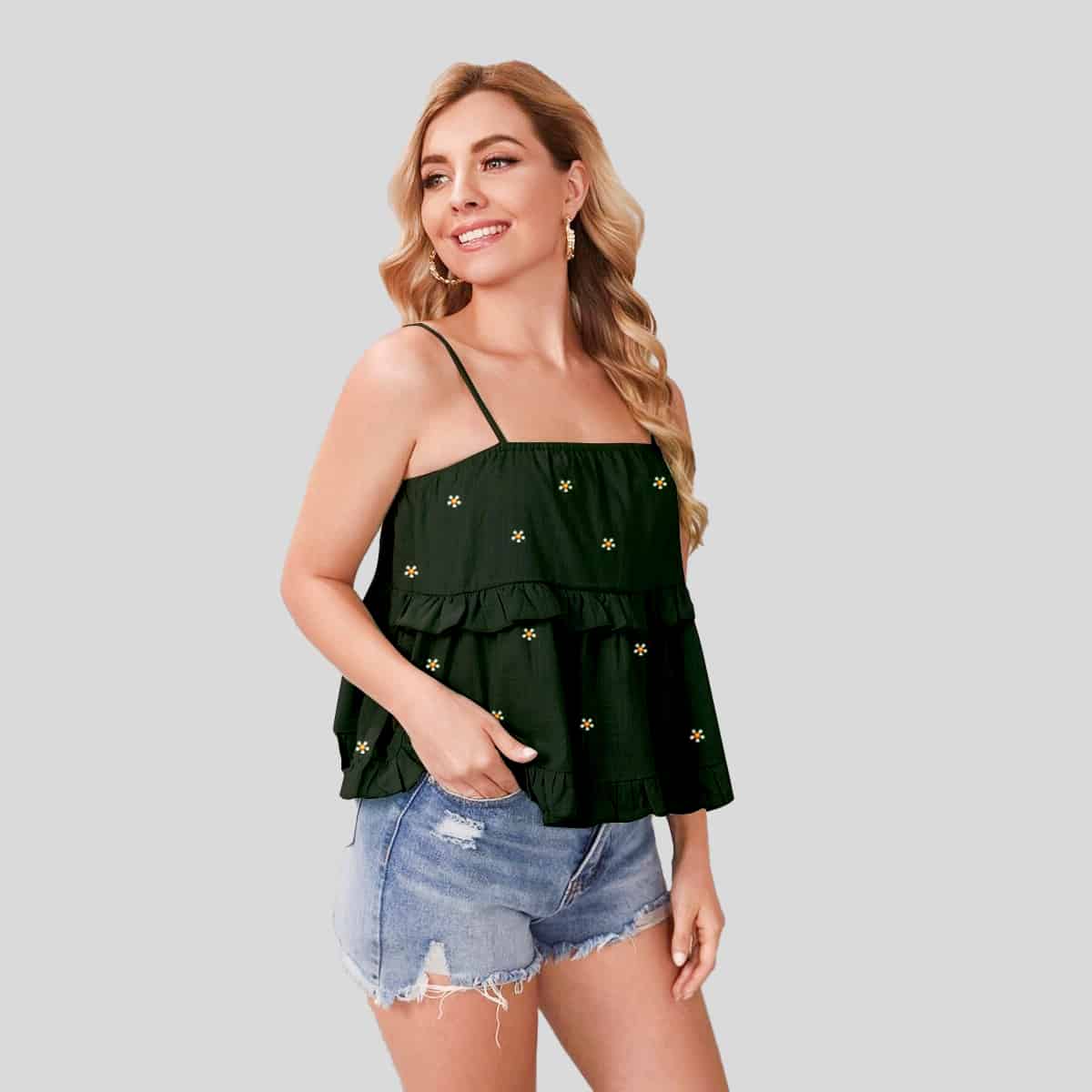 Black Layered Ruffle Hem Cami Top-RCT062