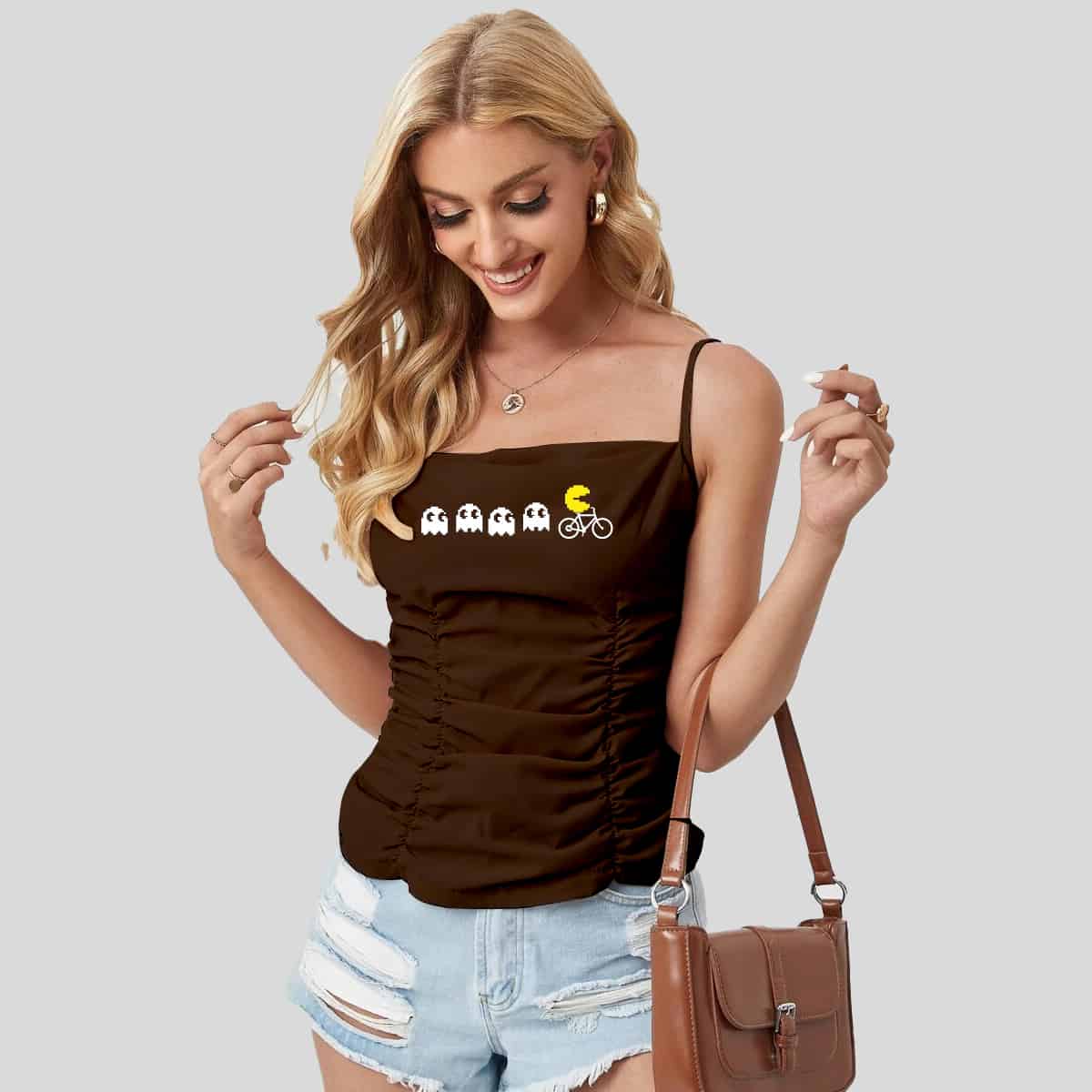 Brown Rucked Front Cami Top-RCT066