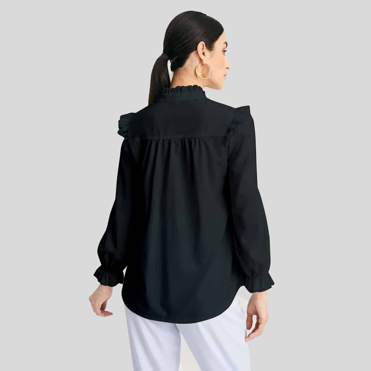 Black Pleated Shirt with Full Puff Sleeves-RCT068