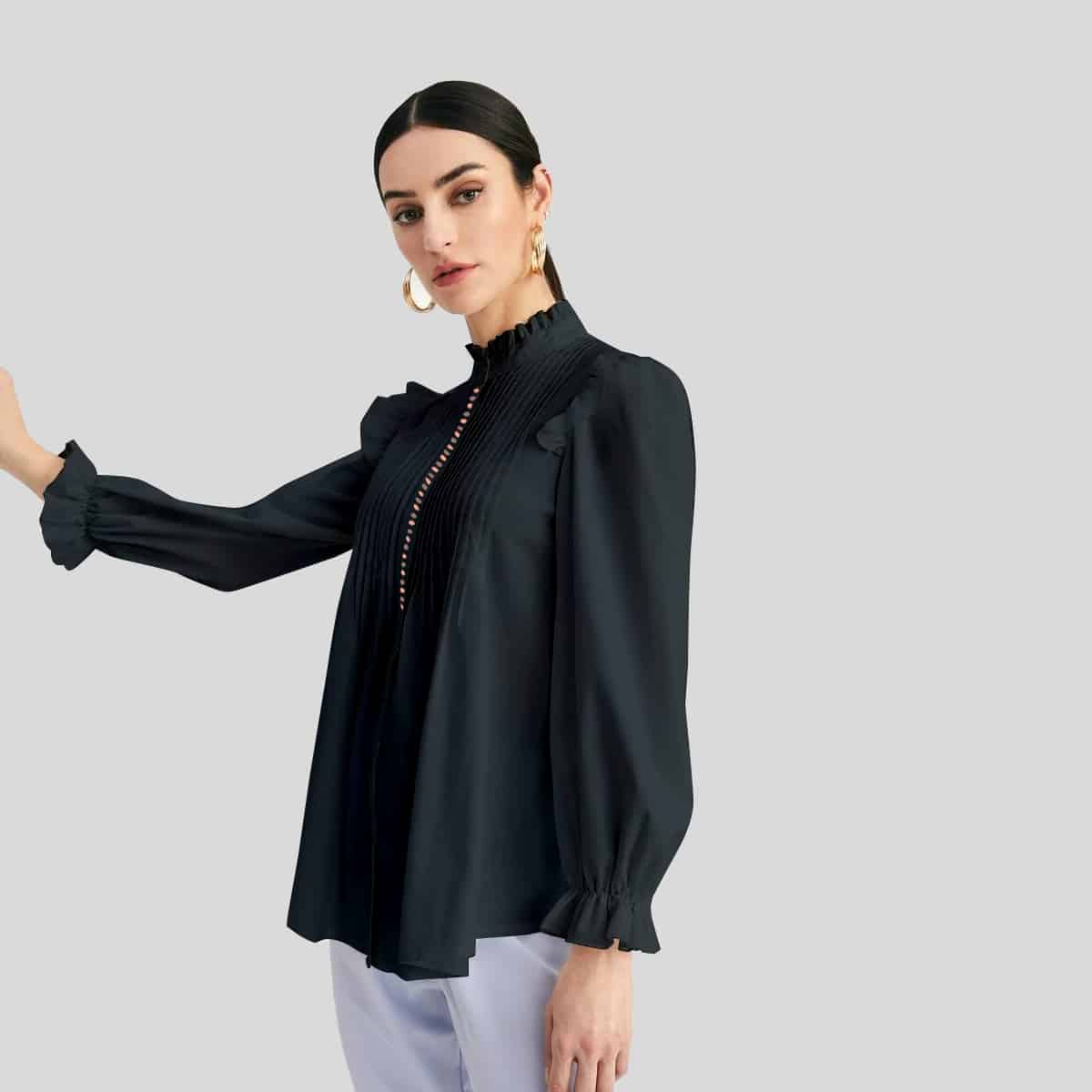 Black Pleated Shirt with Full Puff Sleeves-RCT068