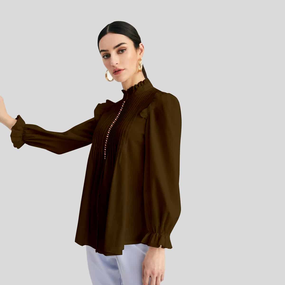 Brown Pleated Shirt with Full Puff Sleeves-RCT069