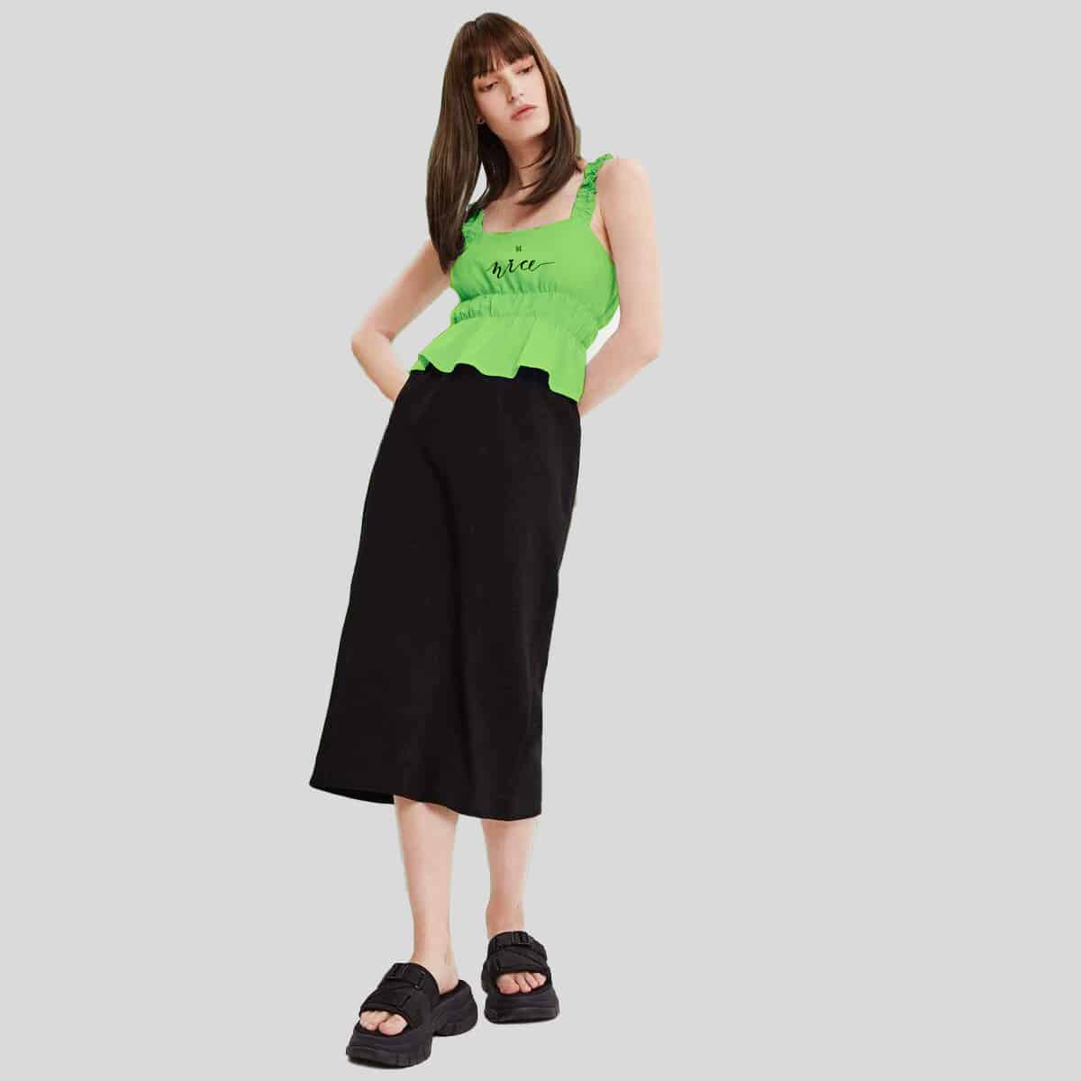 Green Lettuce Trim Ruffle Hem Cami Top-RCT073