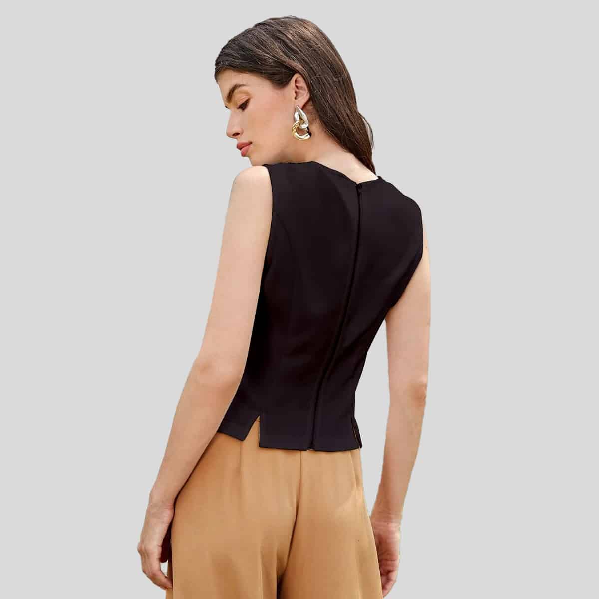 Black Zipper Back Split Hem Tank Top-RCT074