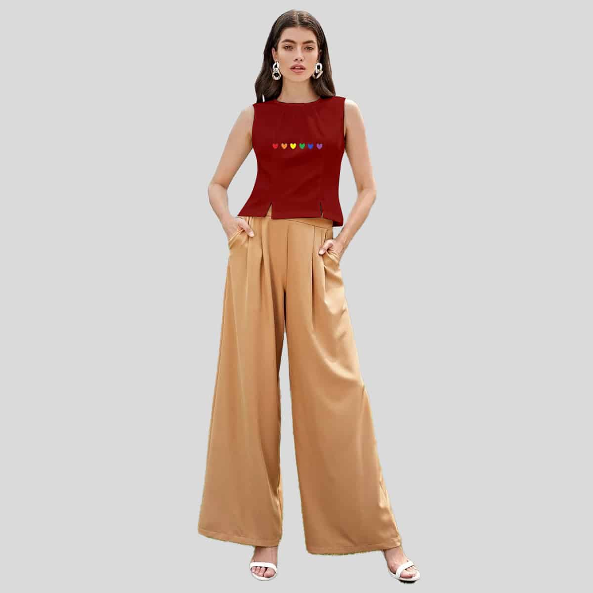 Maroon Zipper Back Split Hem Tank Top-RCT075