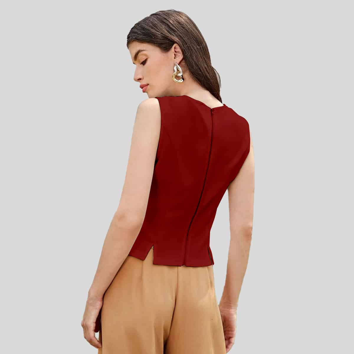 Maroon Zipper Back Split Hem Tank Top-RCT075