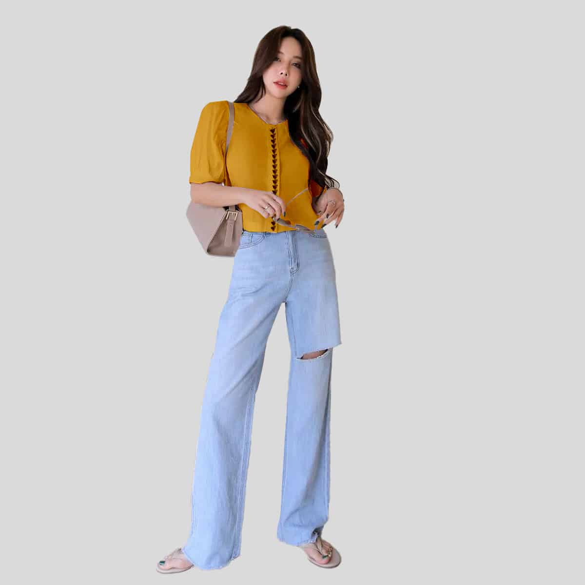 Beer Yellow Puff Sleeve Crop Blouse-RCT076
