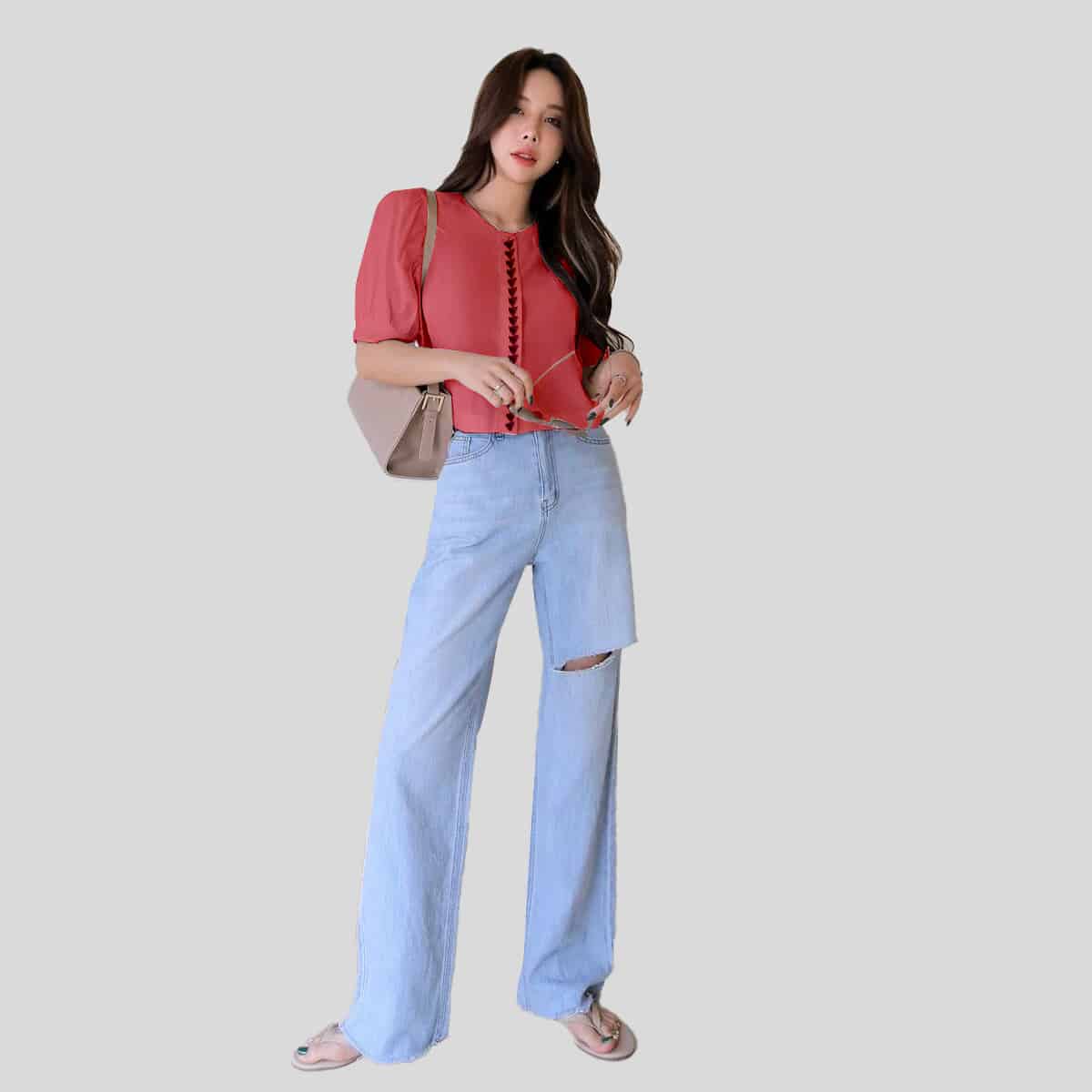 Peach Puff Sleeve Crop Blouse-RCT077