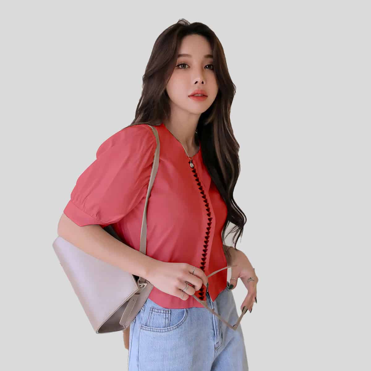 Peach Puff Sleeve Crop Blouse-RCT077