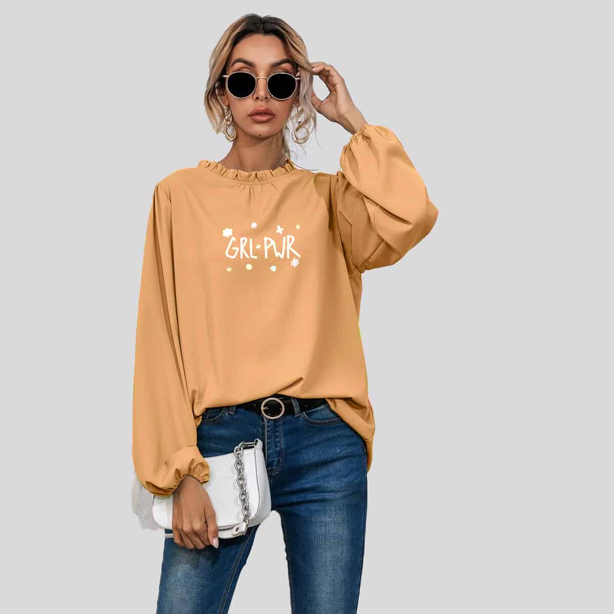 Peach Frill Neck Bishop Sleeve Blouse-RCT080