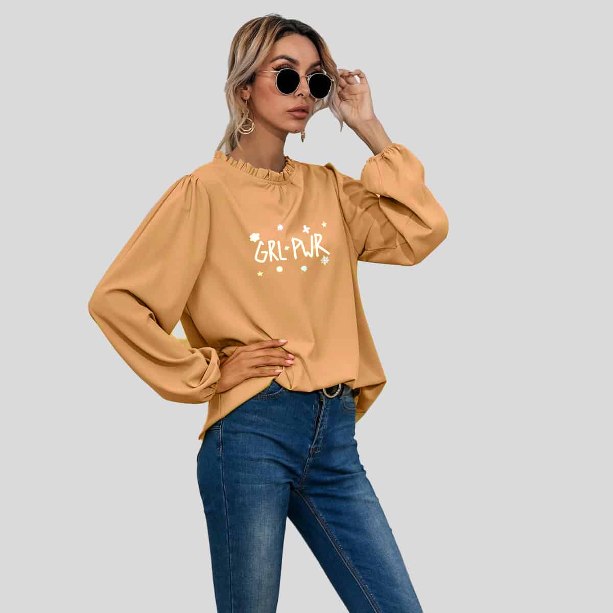 Peach Frill Neck Bishop Sleeve Blouse-RCT080