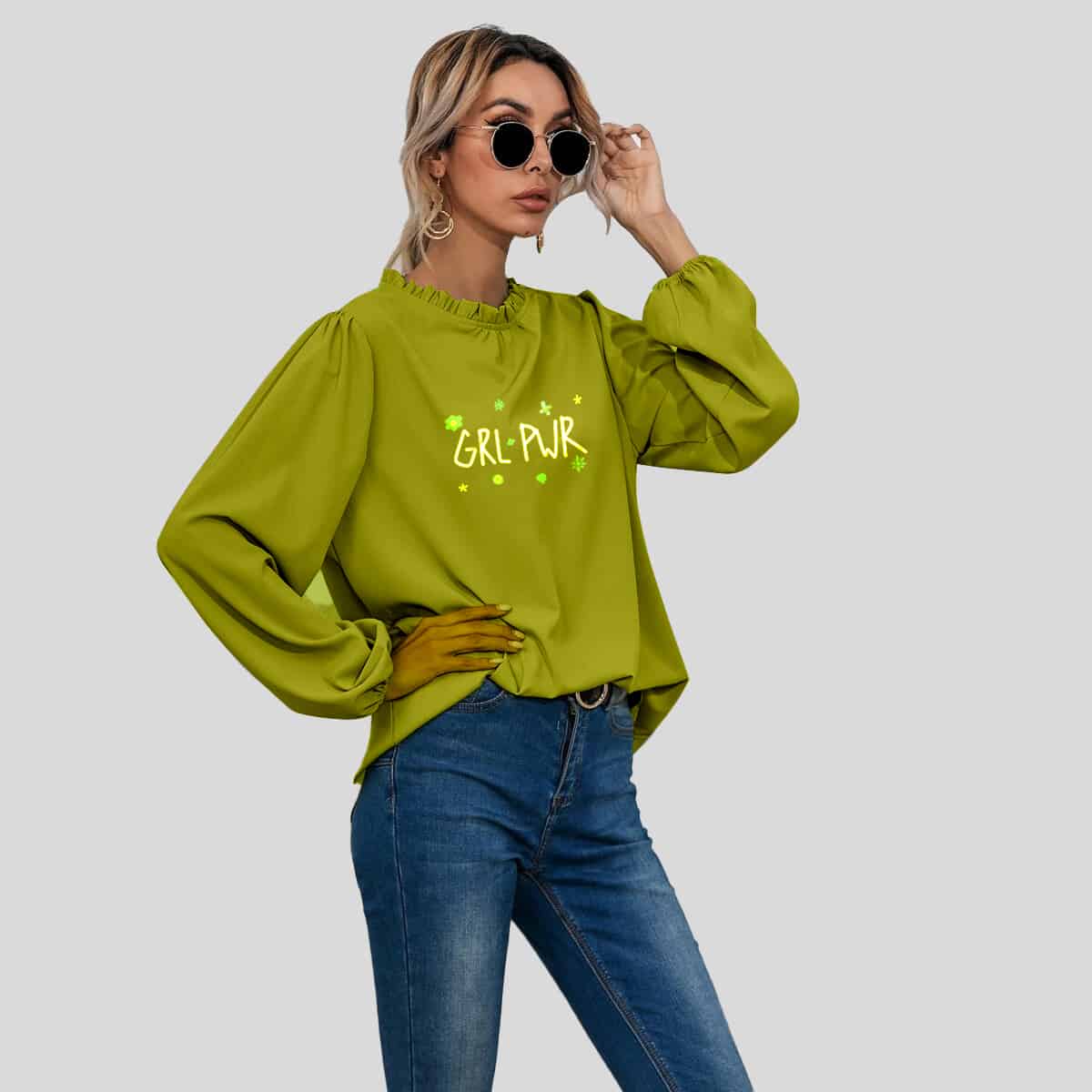 Sheen Green Frill Neck Bishop Sleeve Blouse-RCT081