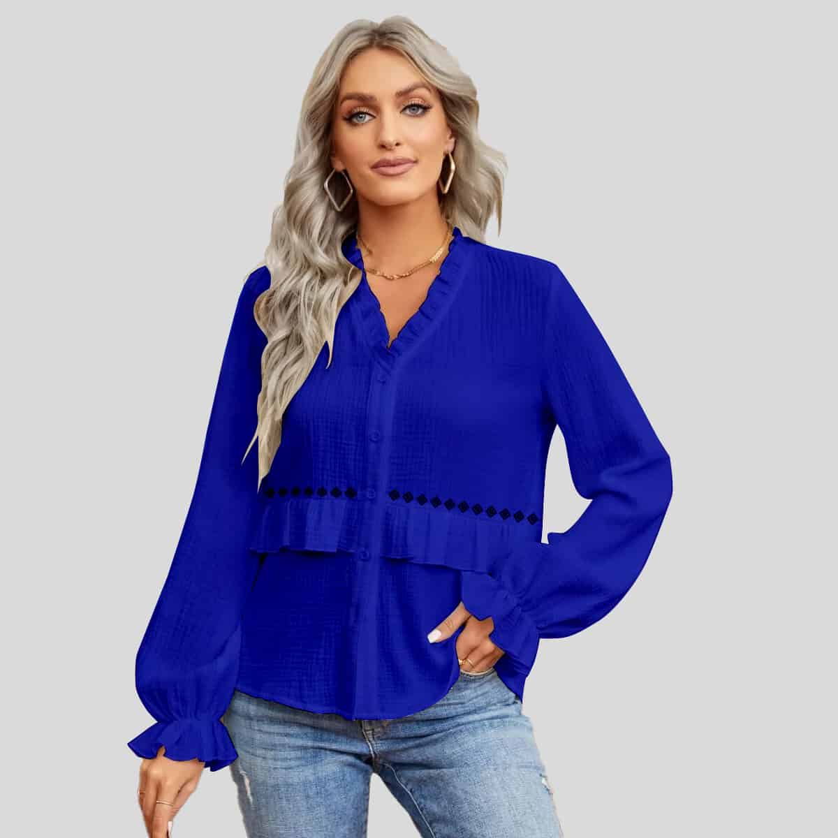 Navy Blue Ruffle Trim Flounce Sleeve Blouse-RCT084