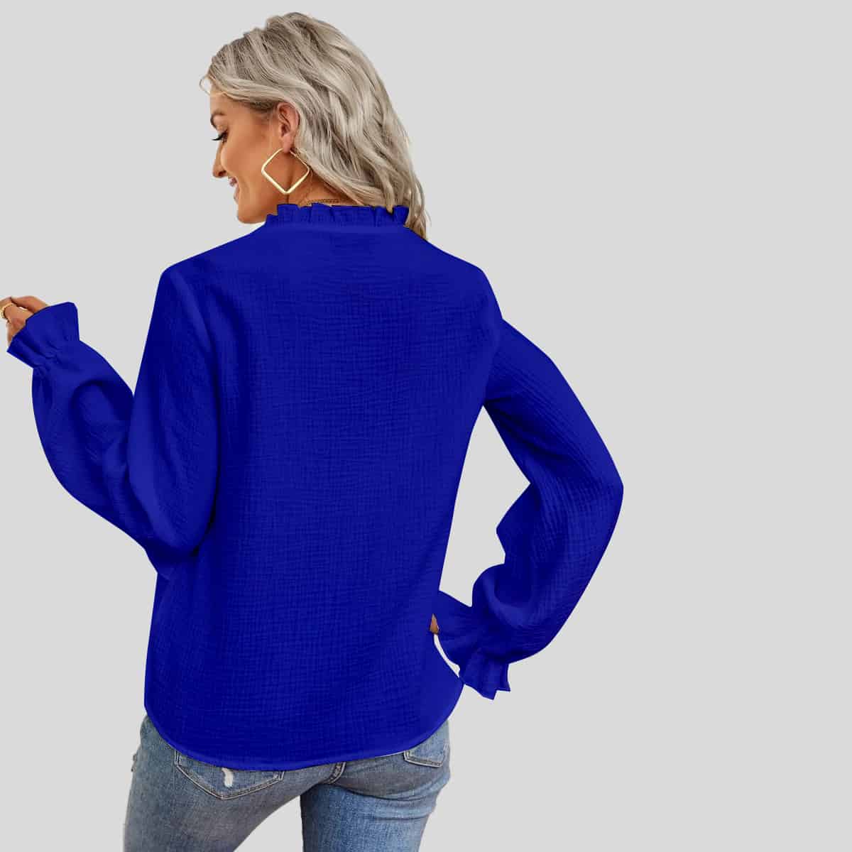 Navy Blue Ruffle Trim Flounce Sleeve Blouse-RCT084