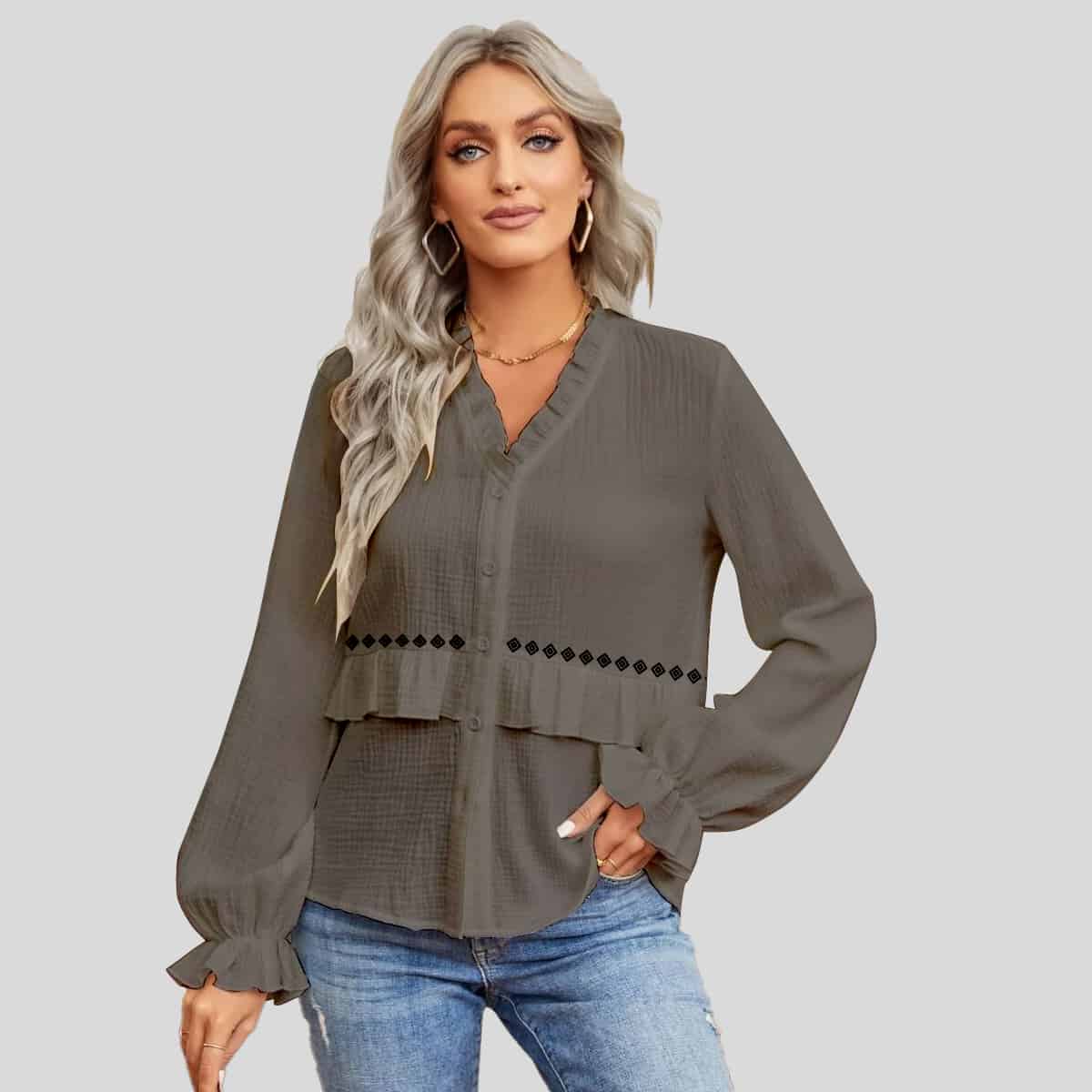 Grey Ruffle Trim Flounce Sleeve Blouse-RCT085