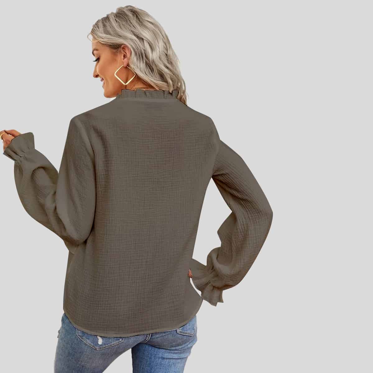 Grey Ruffle Trim Flounce Sleeve Blouse-RCT085