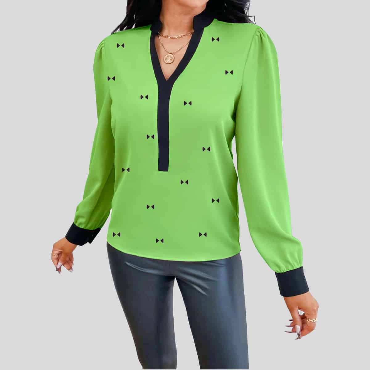 Pista Green Tall Contrast Trim Puff Sleeve Blouse-RCT088