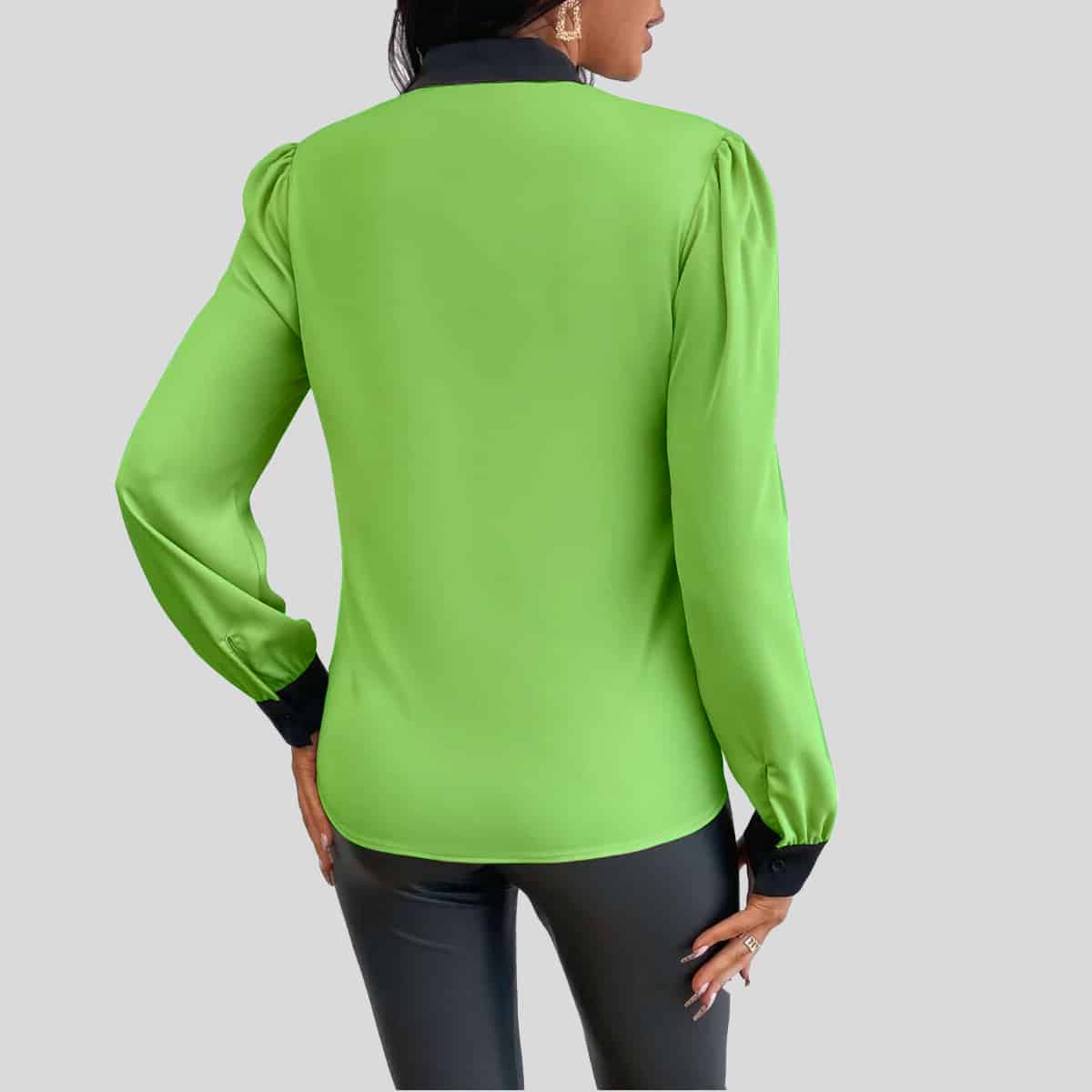 Pista Green Tall Contrast Trim Puff Sleeve Blouse-RCT088