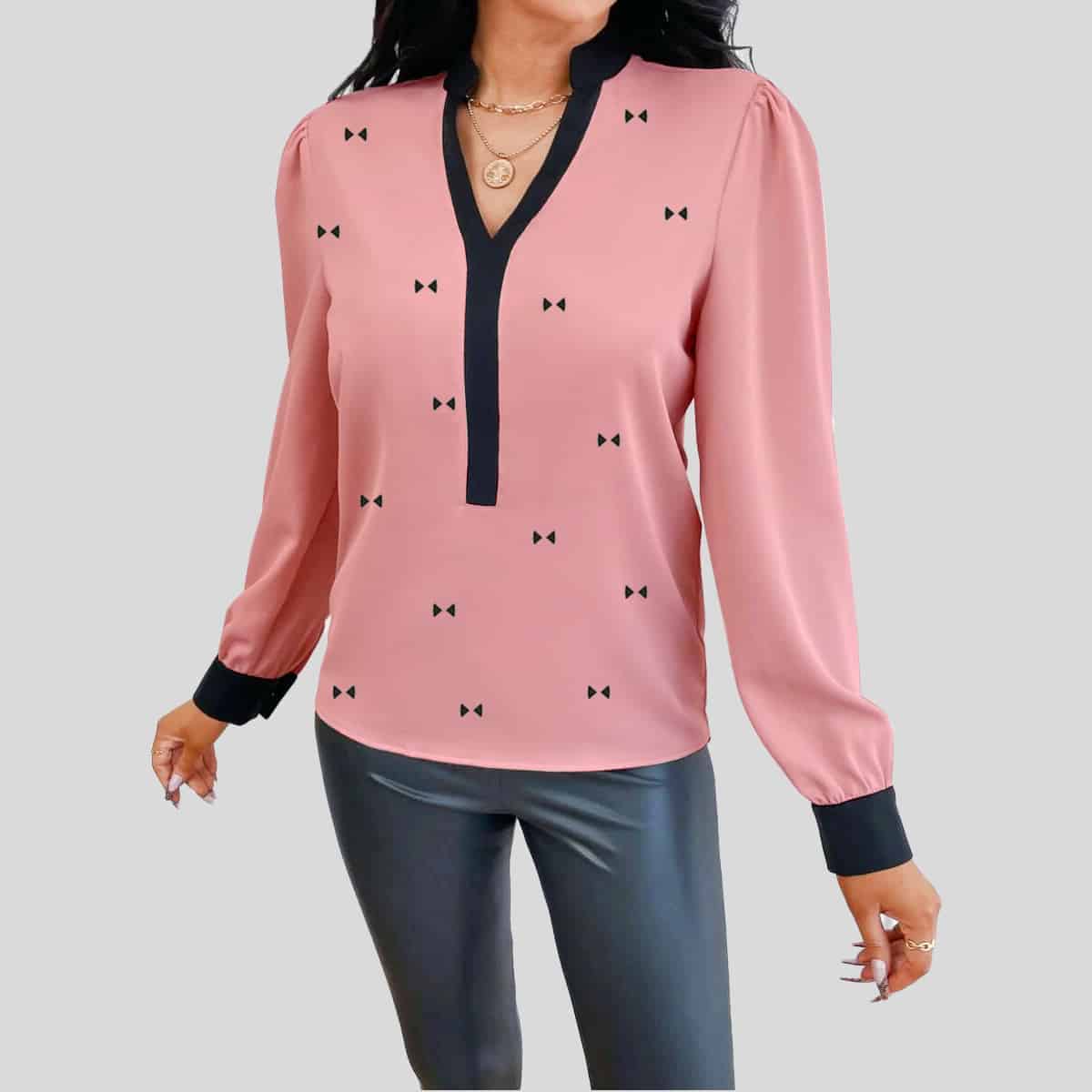 Baby Pink Tall Contrast Trim Puff Sleeve Blouse-RCT089