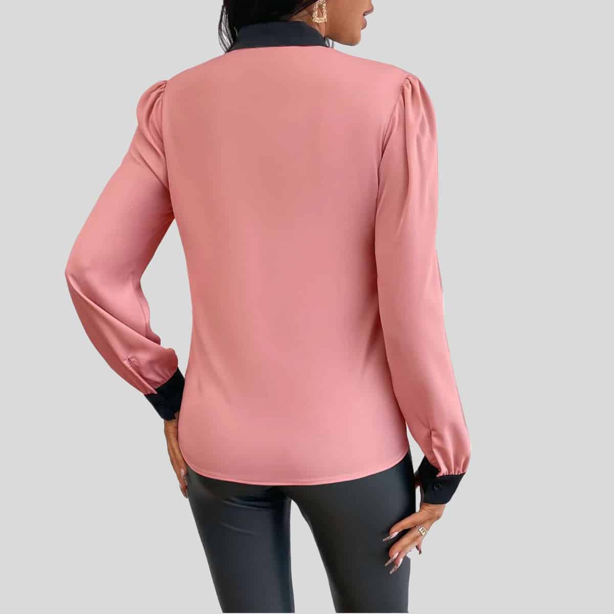 Baby Pink Tall Contrast Trim Puff Sleeve Blouse-RCT089