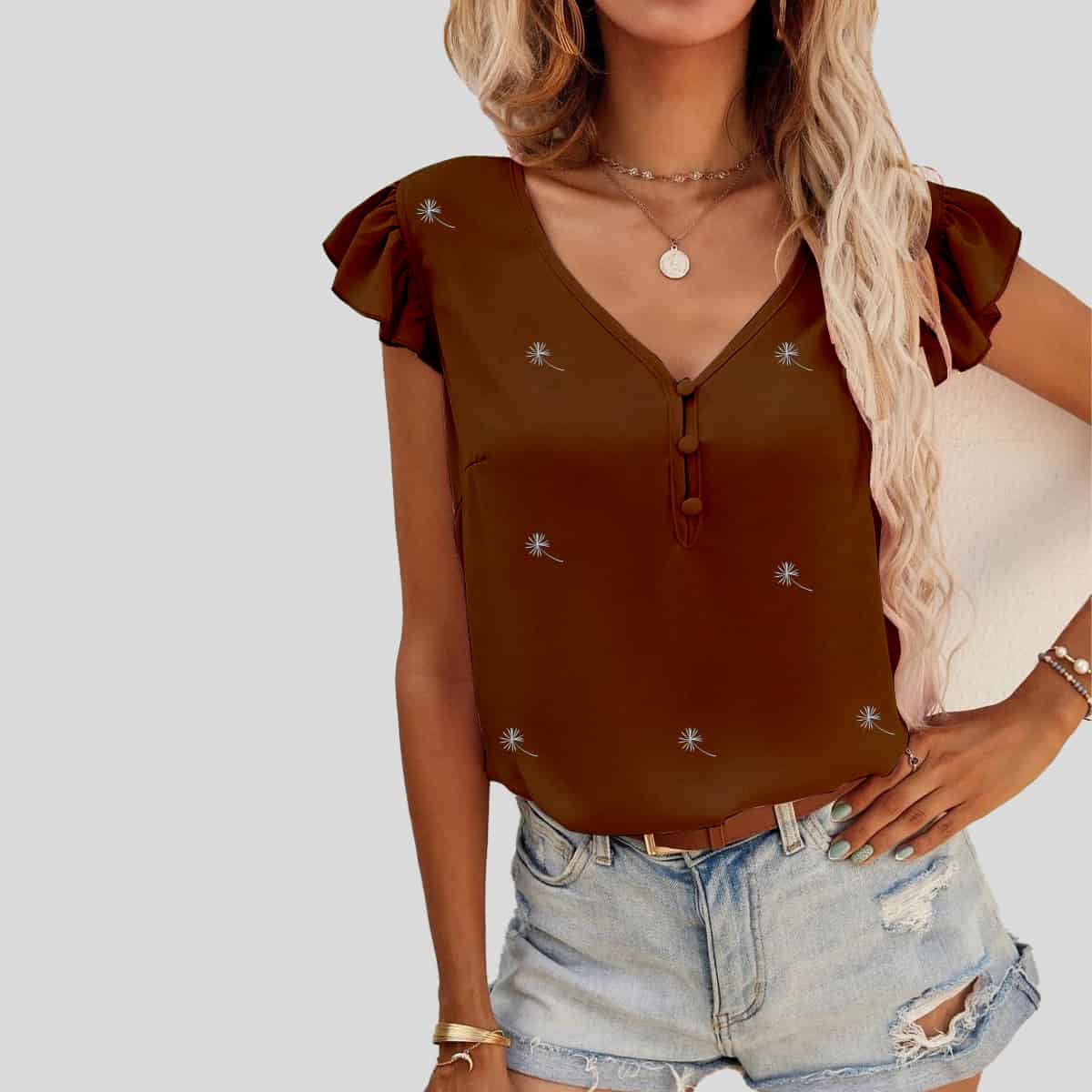 Brown Ruffle Cuff Blouse-RCT091