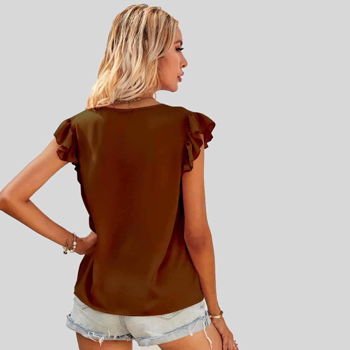  Brown Ruffle Cuff Blouse-RCT091